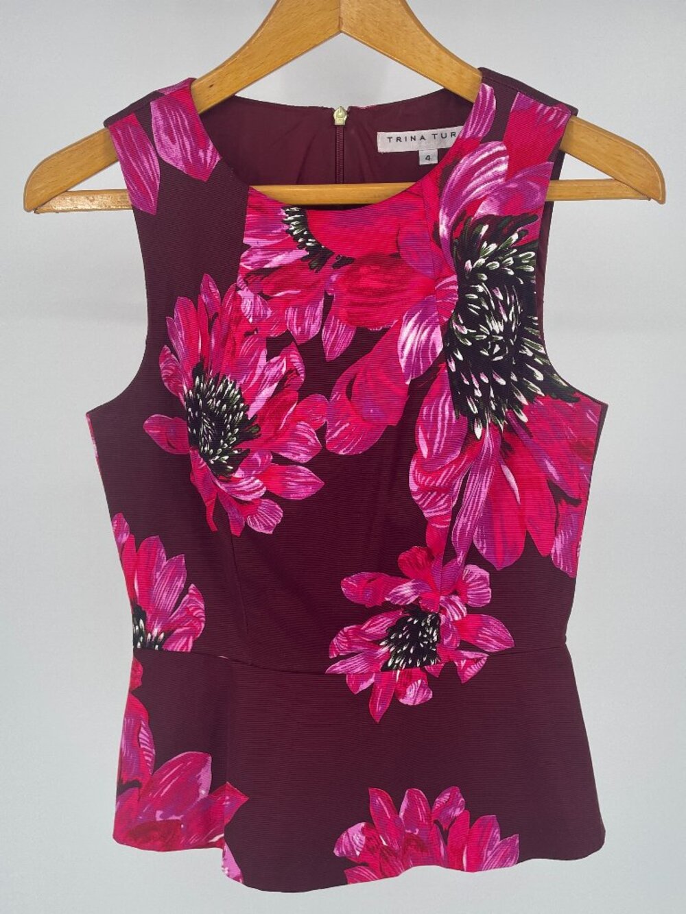 Trina Turk Pink Floral Peplum Sleeveless Top Size 4